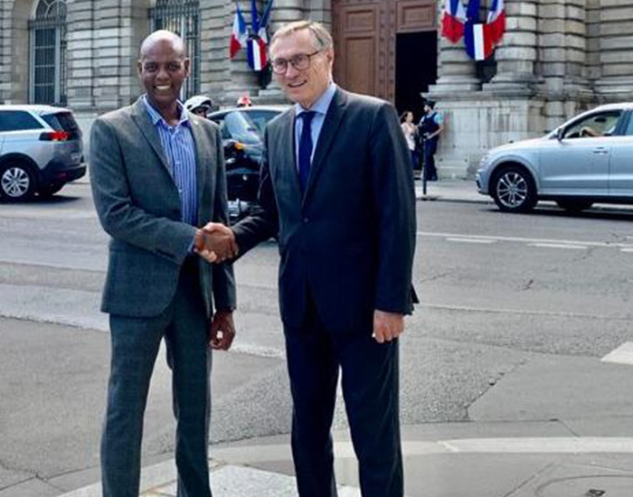 Abshir Aden Ferro with the Senator Jean-Marie Bockel, who prefaced Ferro’s book, in front of French Parliament building, Paris, France. July 9, 2020.